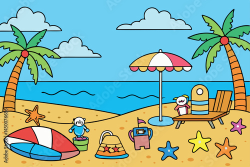 beach vacation scene for coloring featuring an umbrella, starfish, palm trees, a beach ball, and a sailboat on a calm ocean.