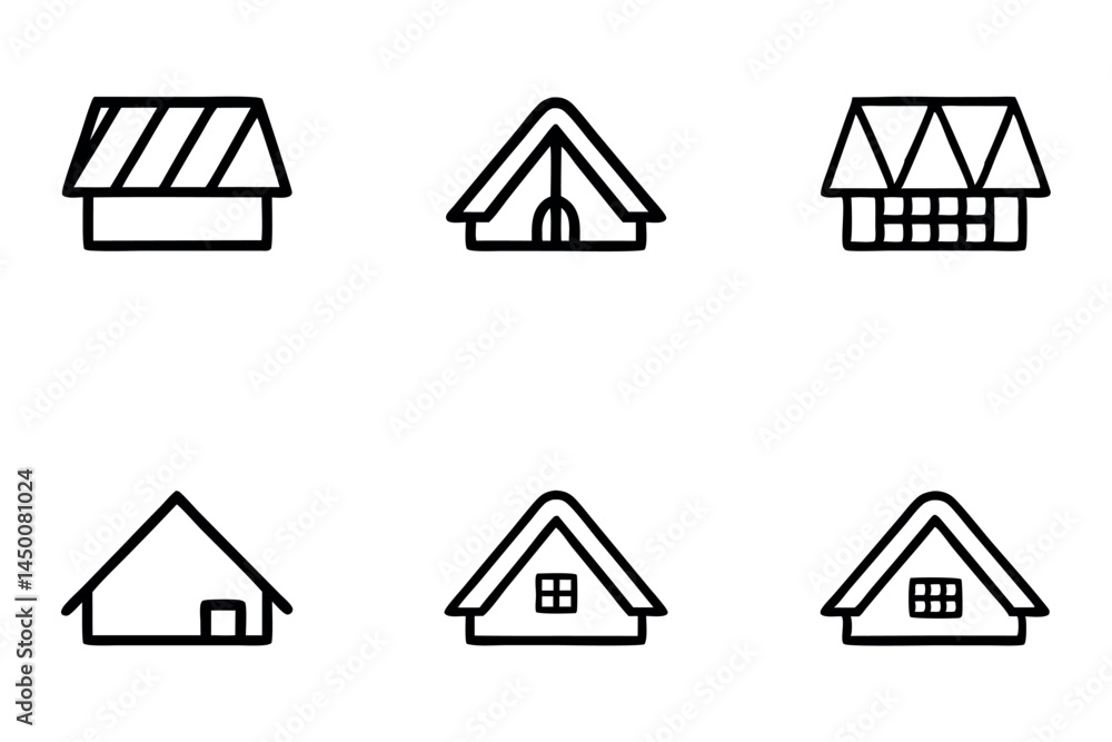 roof top outline icons collection, minimalist black and yellow designs, home building, and house roof sketches, Line art icon set. roof top outline icons collection, minimalist black and yellow designs, home building, and house roof sketches, Line art icon set.