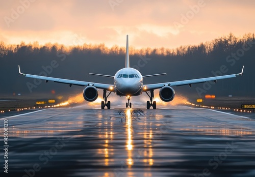 Airplane on Runway at Sunset with Glowing Lights Reflecting on Wet Surface in Calm Atmosphere