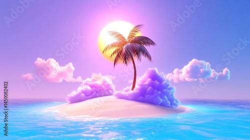 Vibrant tropical island with palm tree at sunset ideal for vacation and leisure themes