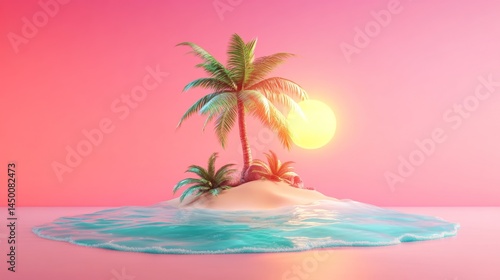 Tropical island oasis with palm trees and gentle waves in a serene sunset setting