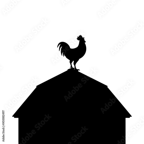 Crowing rooster silhouette atop barn roof, farm symbolism