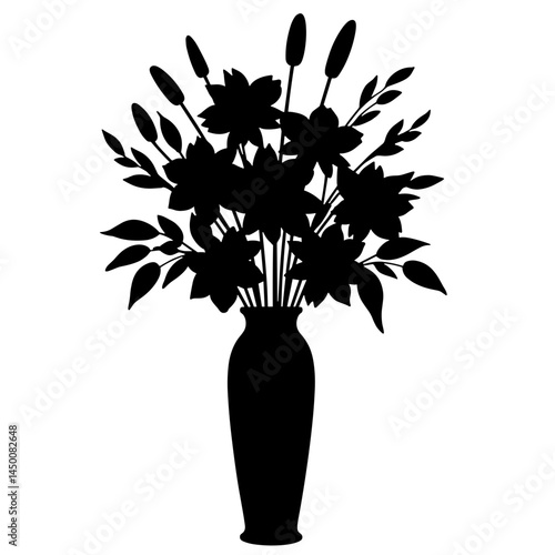 Elegant floral silhouette in tall vase on white background, decoration