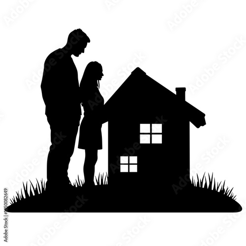 Happy family admiring sold house silhouette, dream home concept