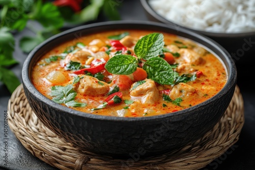 Delicious Bowl of Spicy Chicken Curry with Fresh Herbs and Rice © NEW KUNG