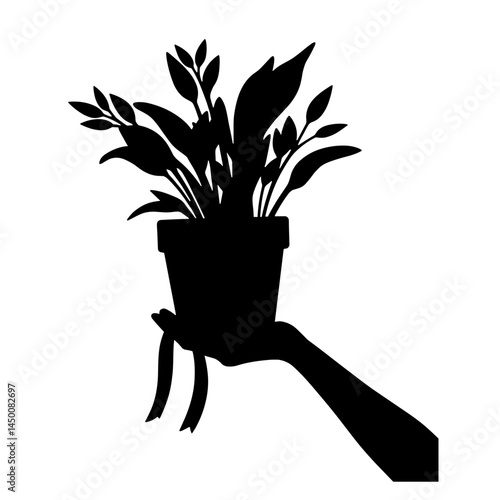 Silhouette hand holding potted plant with ribbon, floral elegance
