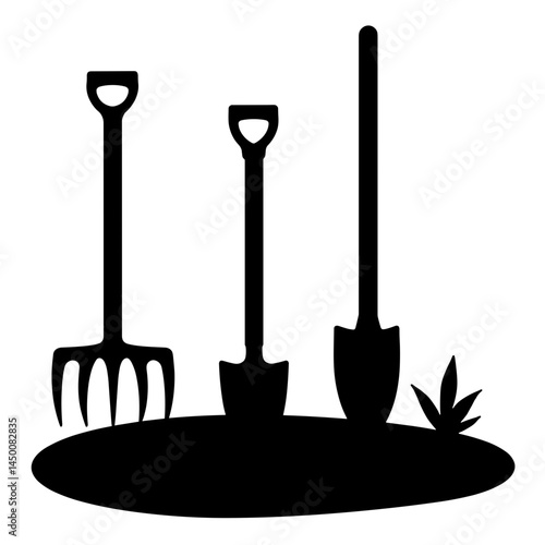 Silhouette of farm tools in garden, symbol of agribusiness