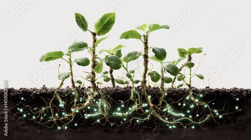 Artistic representation of microbe interacting plant root soil enhancing nutrient absorption protecting plant glowing microbial activity visible around roots clean design pure white background no text