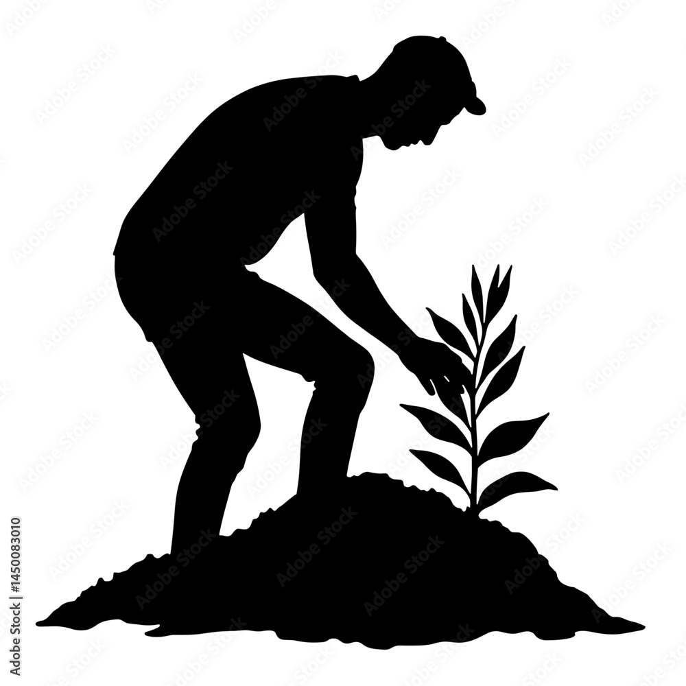 Fototapeta premium Silhouette of gardener planting roots in soil, nurturing growth