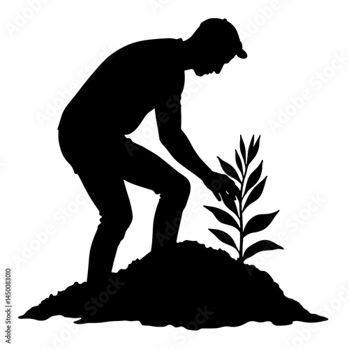 Silhouette of gardener planting roots in soil, nurturing growth