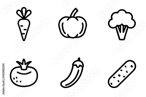 vegetable icons featuring a carrot, broccoli, cucumber, and tomato, ideal for health, food, and nutrition designs Line art icon set