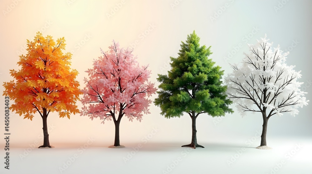 Naklejka premium Four seasonal trees showcasing autumn, spring, summer, and winter colors in a vibrant display.