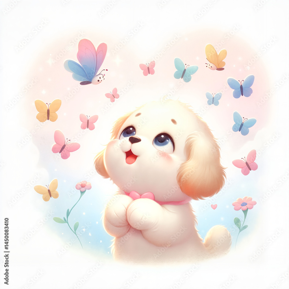 Cute puppy joyfully playing with butterflies in a colorful garden Cute puppy joyfully playing with butterflies in a colorful garden
