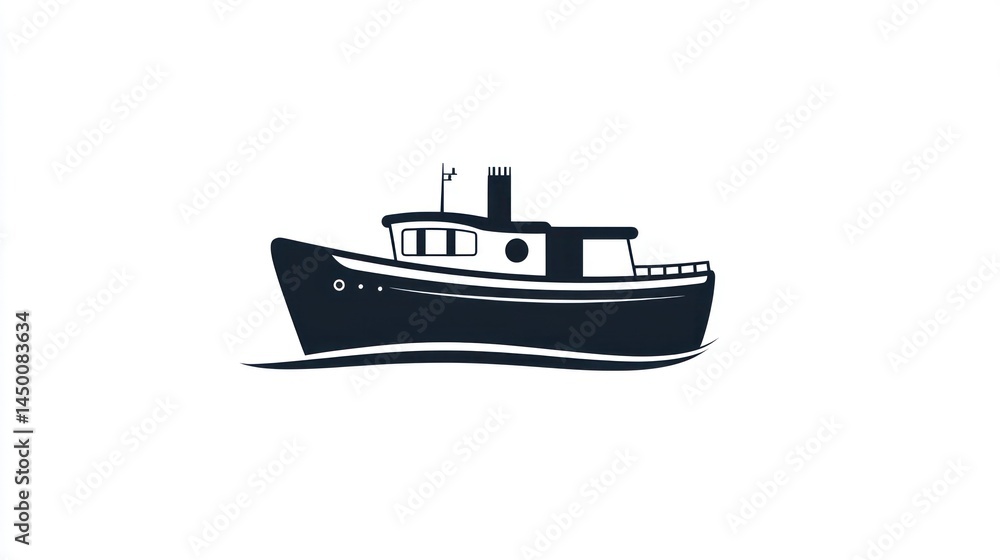 Fototapeta premium Simple silhouette of a tugboat on water. Possible use Stock image for nautical designs