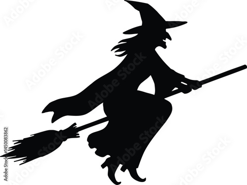 Witch on Broomstick Silhouette: Flying Sorceress - Halloween Vector Illustration