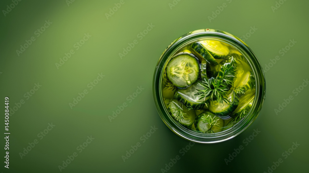 Top view of a glass jar filled with pickled cucumbers, fresh dill, and brine, placed on a green background with a minimalist composition. Top view of a glass jar filled with pickled cucumbers, fresh dill, and brine, placed on a green background with a minimalist composition.