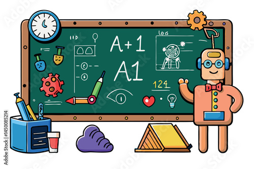 A futuristic classroom with a chalkboard filled with creative diagrams and AI based mathematical equations, visualizing robotics and algorithmic structures