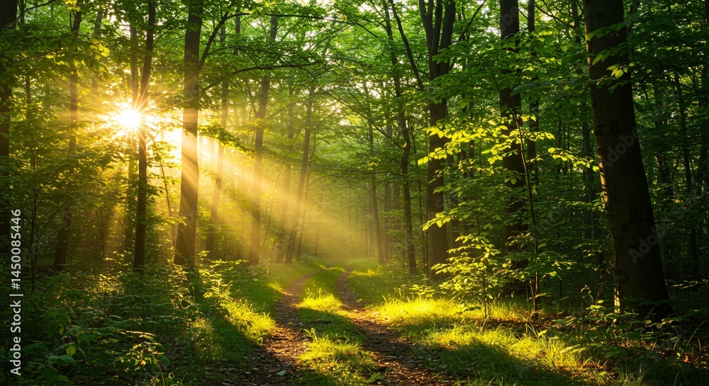 Obraz premium Golden sunbeams filtering through lush forest foliage 