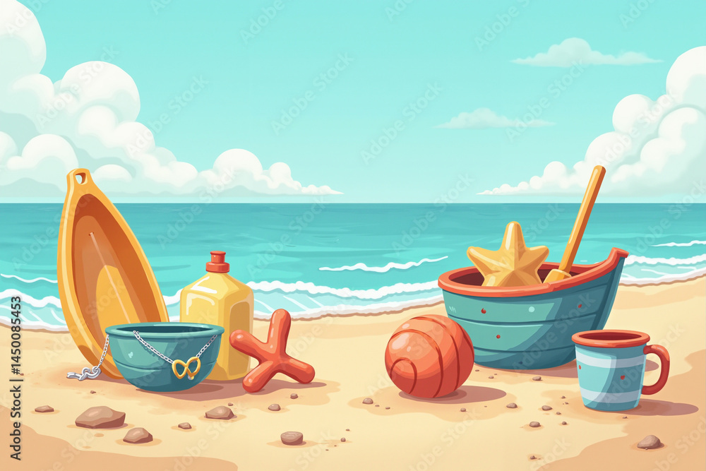 cartoon beach accessories on the seashore