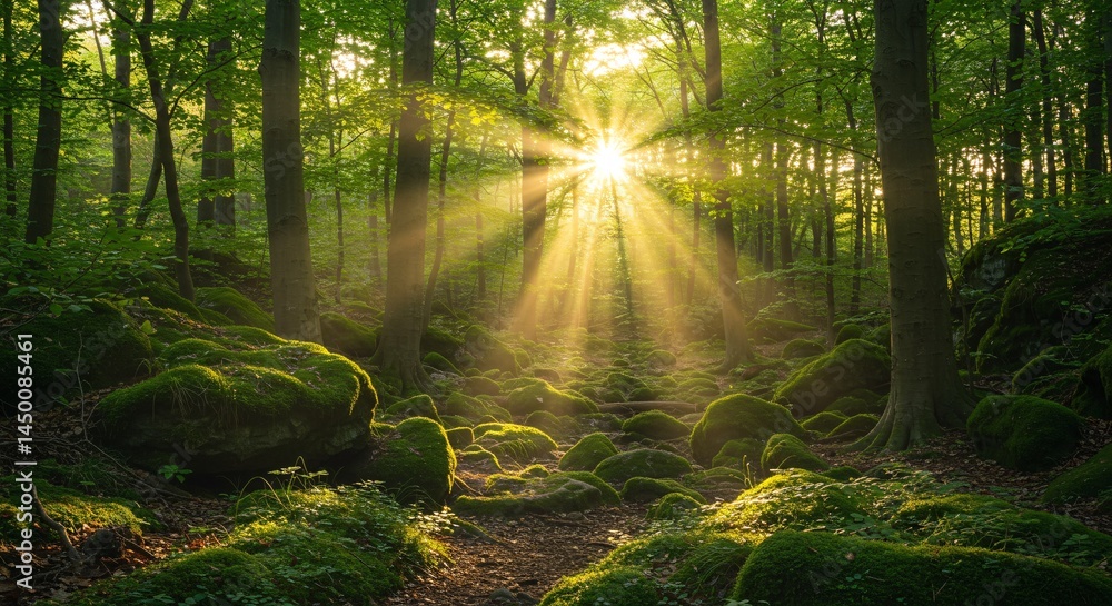 Fototapeta premium Golden sunbeams filtering through lush forest foliage 