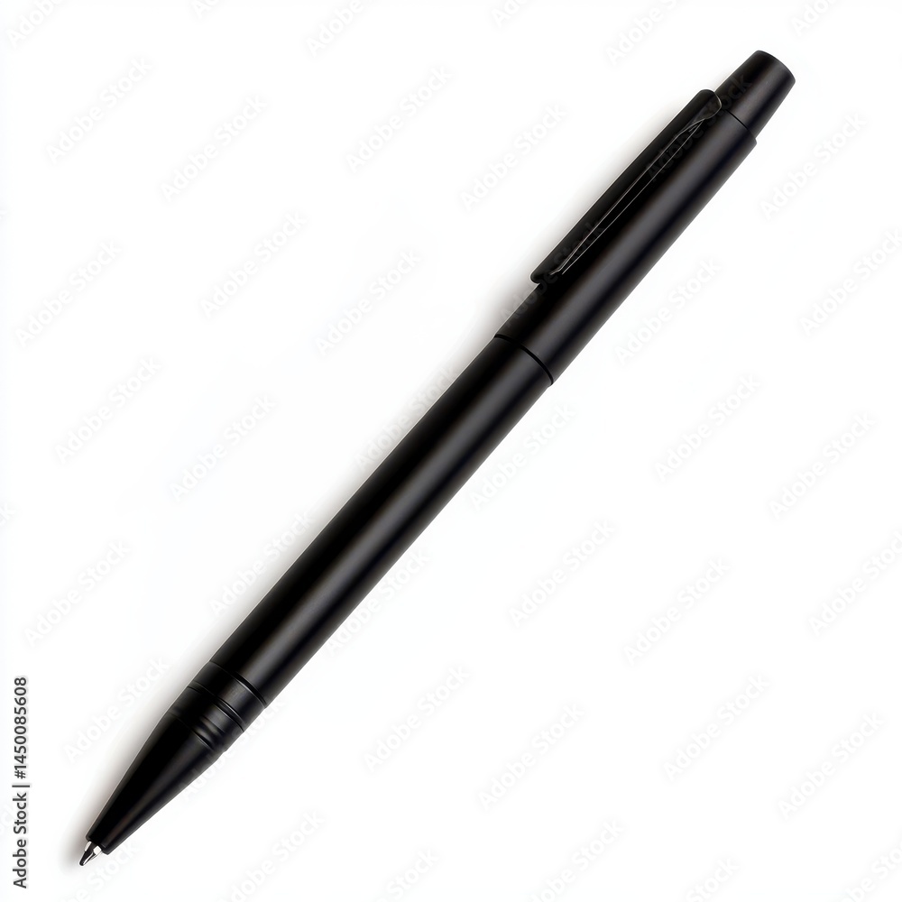 Close up of a sleek, modern, metal pen, writing tool isolated on white background Close up of a sleek, modern, metal pen, writing tool isolated on white background