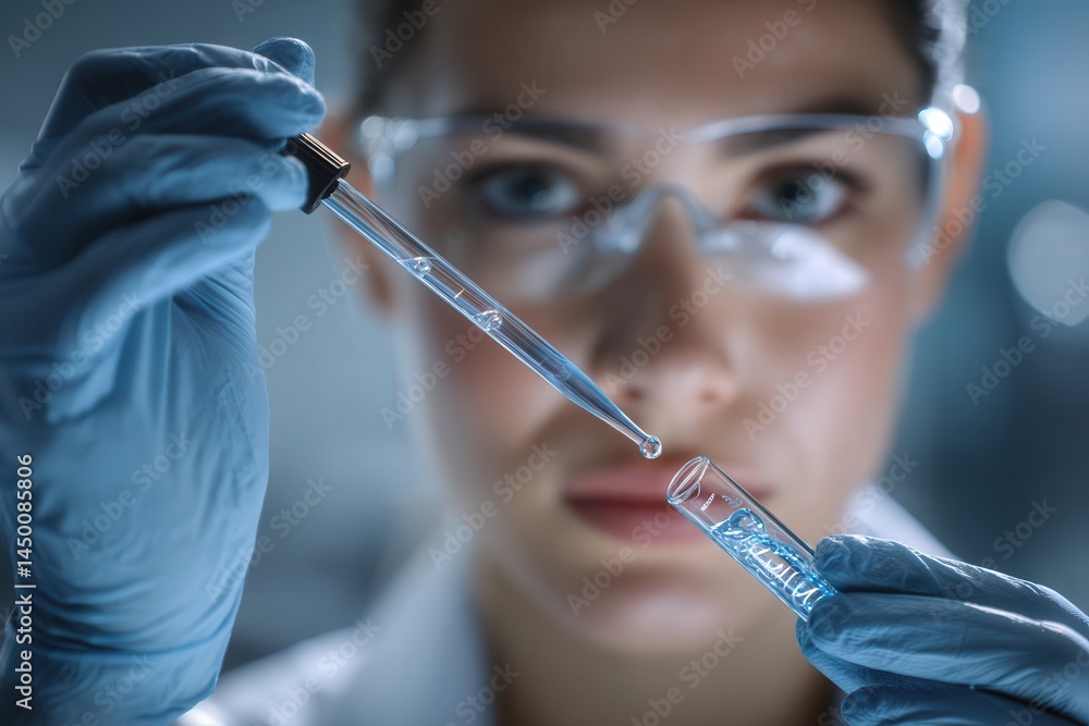 Female scientist carefully handling a pipette in a laboratory setting. Female scientist carefully handling a pipette in a laboratory setting.
