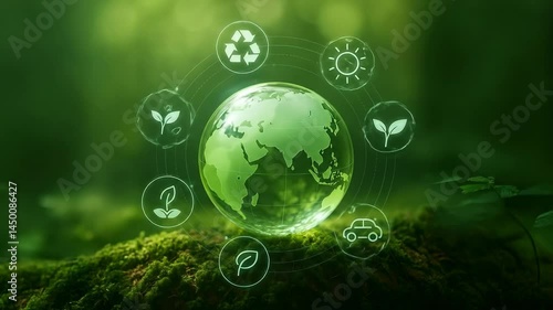 A Glowing Glass Sphere Representing Earth Surrounded by Eco-Friendly Icons: Sun, Recycling, CO2, Plants, Electric Vehicles, Illustrating Sustainable Practices