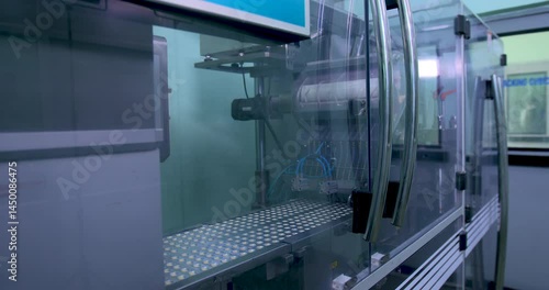 tablet production process in a pharma factory. Pharmaceutical manufacturing tablet pill production line. medicine drug tablets capsule on medical equipment. pharma making process. Pharma concept	