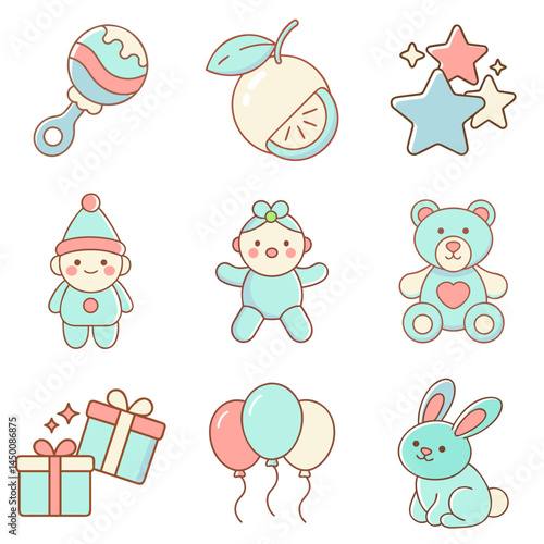 Cute icon sheet og cuddly toys and baby items in cheerful mood