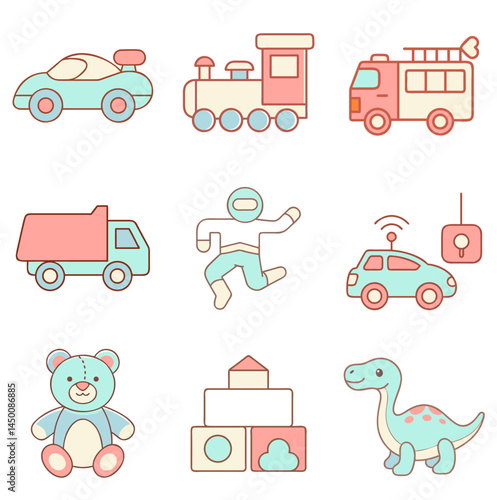 Colorful icon sheet of toy collection in playful mood