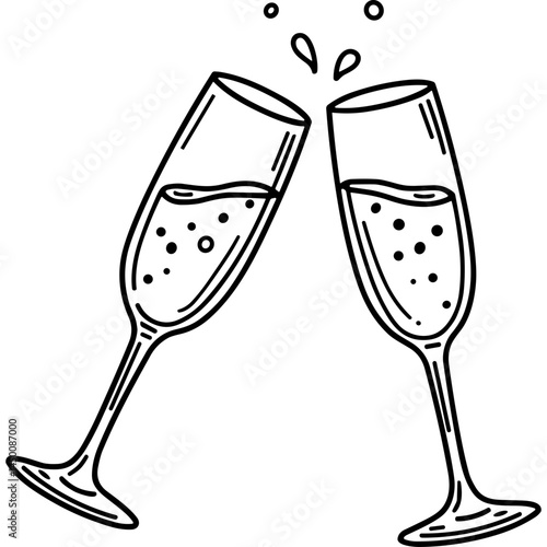 Champagne glasses toasting with champagne celebration drinks in line art style for festive occasions and celebratory events