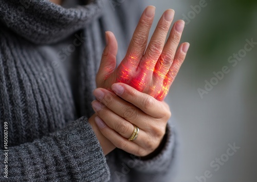 Close-up of hands showing arthritis pain concept with glowing pain highlights.