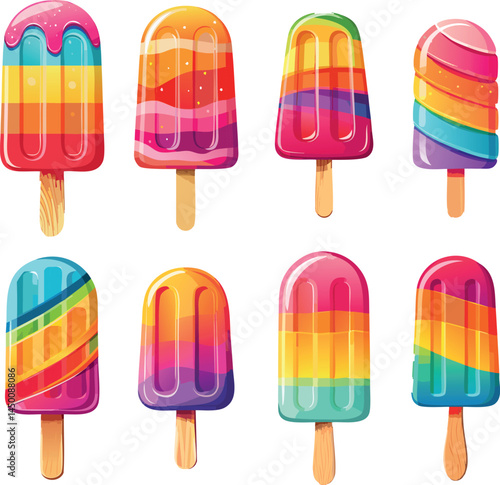 vector set with ice cream summer theme, ice cream on a stick ice cream bar