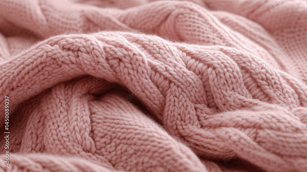 Close-up view of a soft, rosy-pink cable knit sweater. Close-up view of a soft, rosy-pink cable knit sweater.