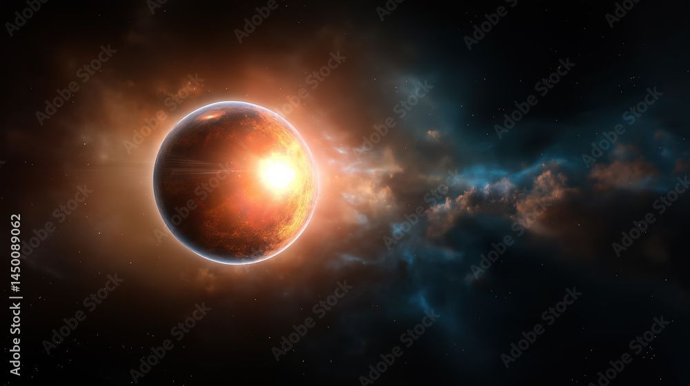 Vivid depiction of a distant planet in a cosmic landscape