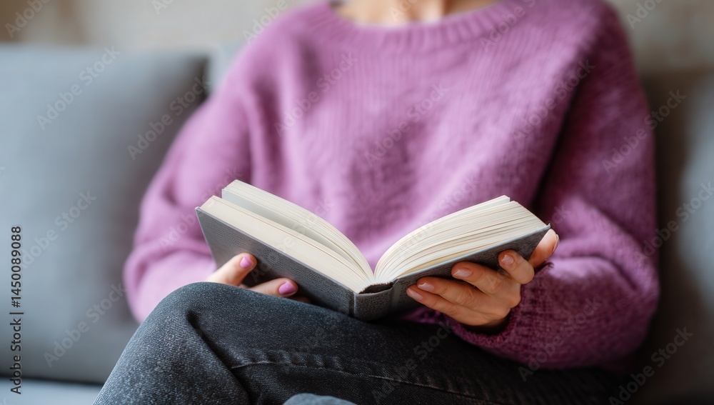 Woman in purple sweater reading a book on a cozy gray couch. Woman in purple sweater reading a book on a cozy gray couch.