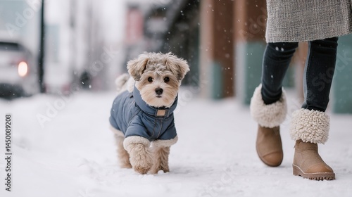 Fototapeta Naklejka Na Ścianę i Meble -  Cute small dog in a stylish winter coat walking in snow with owner. Pet fashion, warm clothing for dogs, cold weather protection, urban winter scene, modern dogwear design.