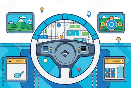Steering wheel interface in a self driving vehicle with advanced sensors and displays showing autonomous driving control features