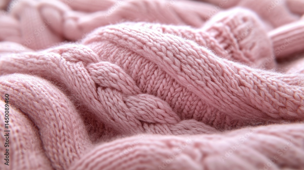 Close-up view of a soft, pink cable knit fabric. Close-up view of a soft, pink cable knit fabric.