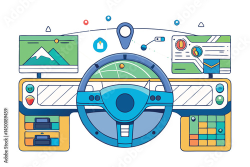 Steering wheel of a self driving vehicle, featuring advanced digital controls, navigation, and sensor systems for autonomous driving
