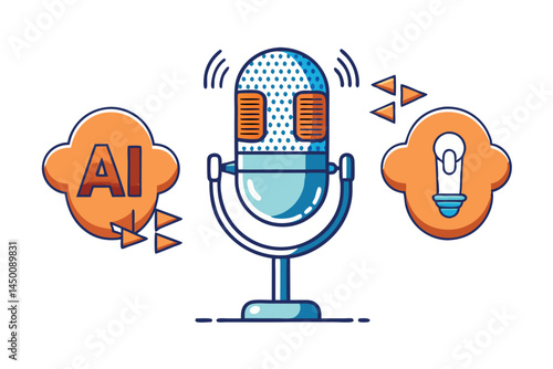 Modern microphone with sound waves emanating, representing speech recognition and artificial intelligence for voice command technology