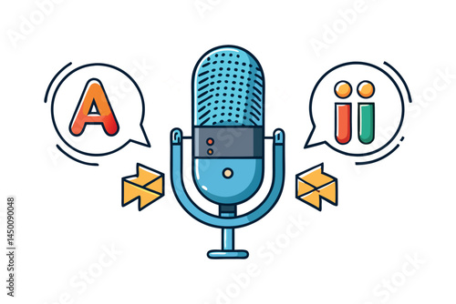 Speech recognition system with microphone emitting sound waves and visual representation of artificial intelligence analyzing the spoken words