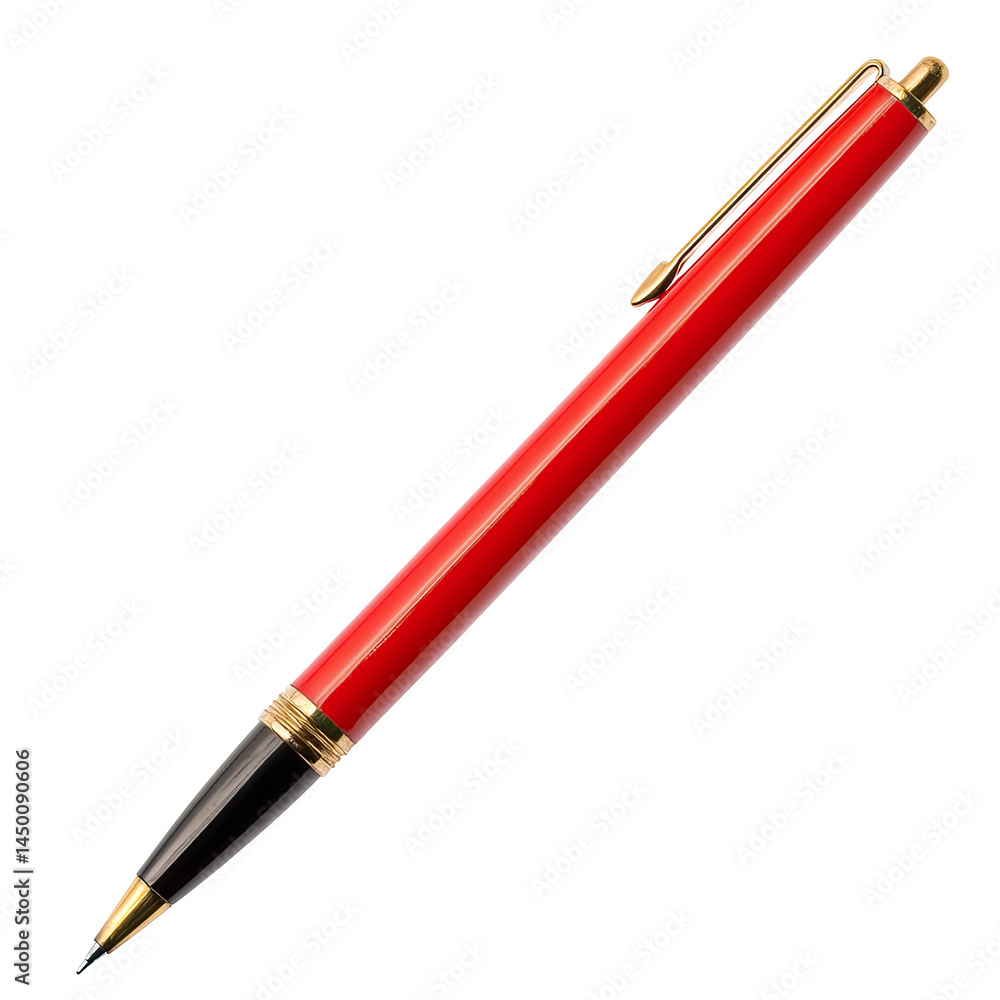 Red ballpoint pen, sleek and modern design. Glossy finish, gold accents on cap and barrel. Classic writing instrument Red ballpoint pen, sleek and modern design. Glossy finish, gold accents on cap and barrel. Classic writing instrument