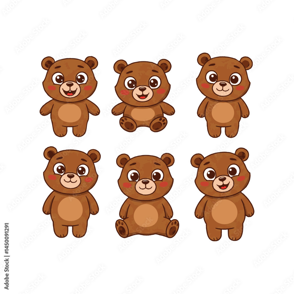 Fototapeta premium Cute Cartoon Bear Cub Set with Different Expressions