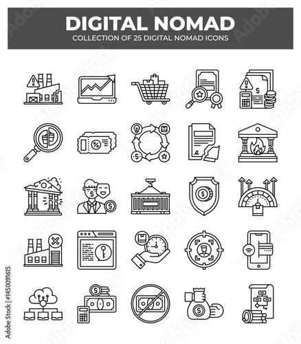 Digital Nomad Icons: 25 Essential Line Art Graphics for Remote Workers