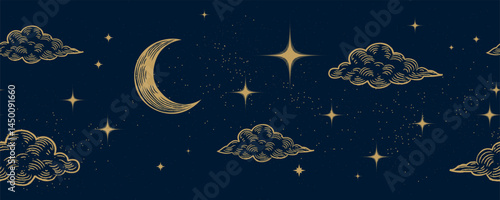 Starry night sky horizontal seamless pattern background. Bright golden moon, stars and clouds wallpaper. Horizontal Space backdrop. Dark Sky with shiny stars. Vector Illustration.