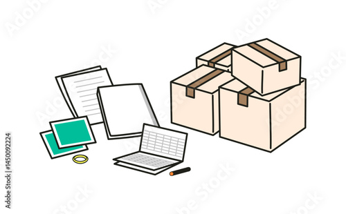 遺品整理や終活中の段ボールと書類のイメージ ベクターセット