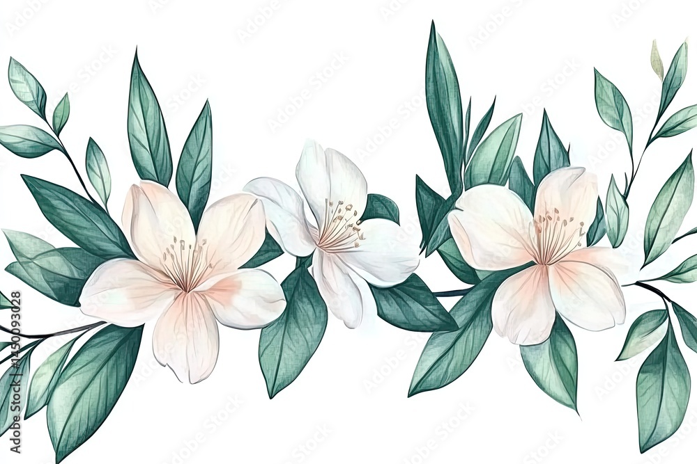 Obraz premium Elegant floral border with creamy white blossoms and teal foliage