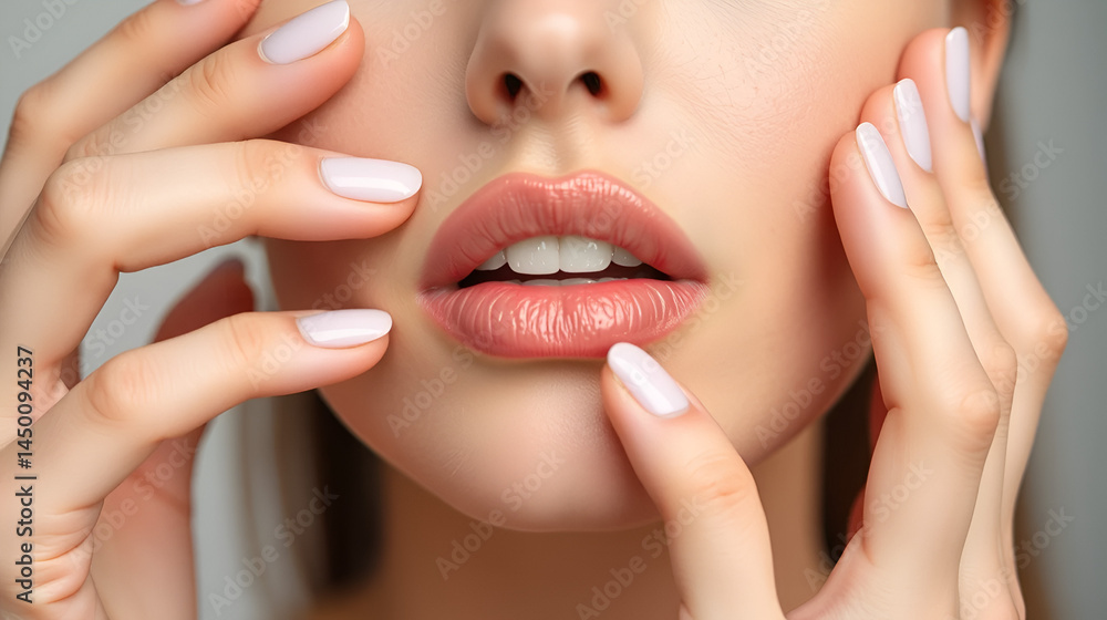 Fototapeta premium Beauty concerns: young woman analyzing her lips after injection