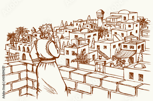 Vector drawing. King David on the roof of palace